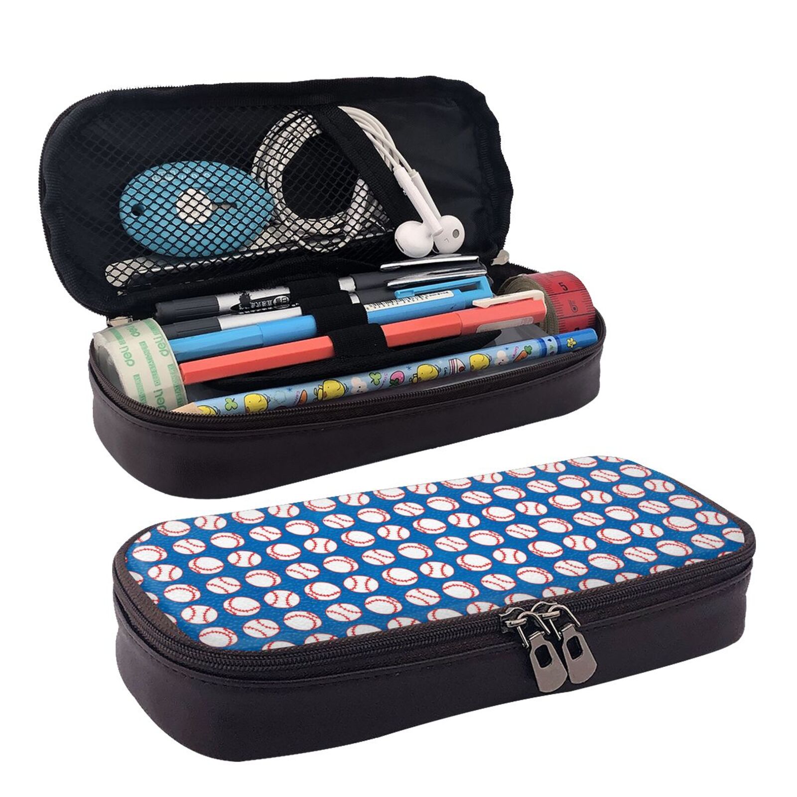 Sports Baseballs On Blue Pencil Case Large Capacity Leather Pencil Pouch  with Zipper for Boys Girls Preppy School Supplies